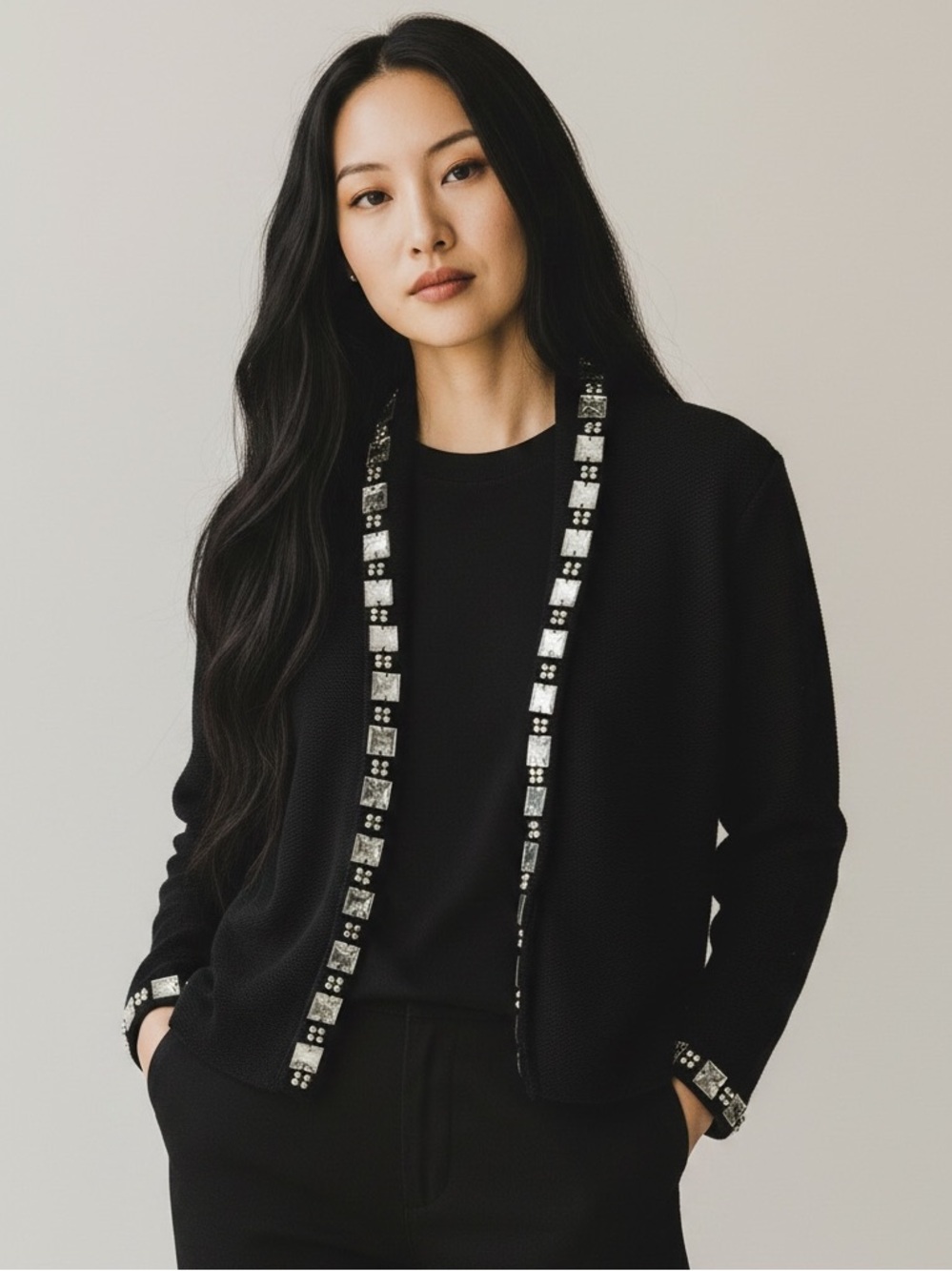 CAbi Black Jeweled Open-Front Cardigan